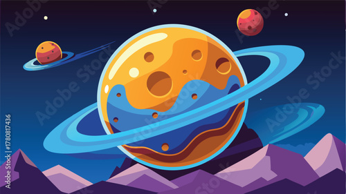 Stylized vibrant planet with rings in outer space, A whimsical journey through the cosmos