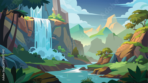 Cartoon Waterfall in Mountainous Landscape with River, Vibrant Vector Illustration of a Serene Nature Scene