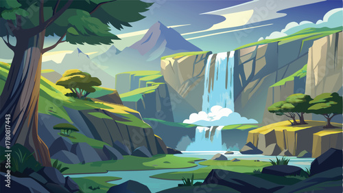 Cartoon Waterfall in Mountainous Landscape with River, Vibrant Vector Illustration of a Serene Nature Scene