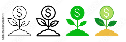 Set of minimalist money plant icons with transparent background, depicting financial growth, investment, savings, and profit concepts, vector illustration