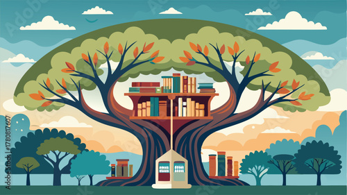 Bookshelf nestled within a large tree in a serene landscape, A whimsical outdoor library symbolizing knowledge and natural growth