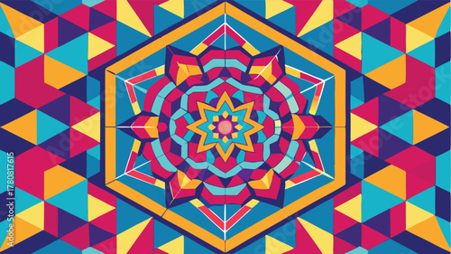 Vibrant Geometric Mandala Pattern with Radial Symmetry, Abstract Floral Design, A colorful burst of spiritual harmony and intricate decorative art