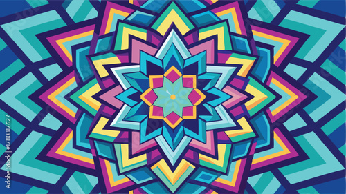 Vibrant Geometric Mandala Pattern with Radial Symmetry, Abstract Floral Design, A colorful burst of spiritual harmony and intricate decorative art