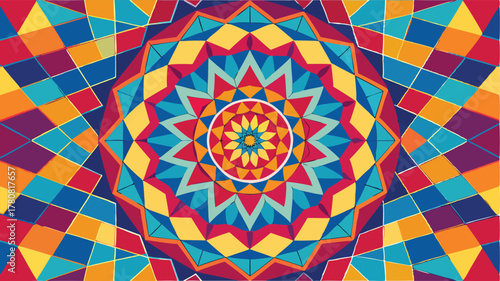 Vibrant Geometric Mandala Pattern with Radial Symmetry, Abstract Floral Design, A colorful burst of spiritual harmony and intricate decorative art