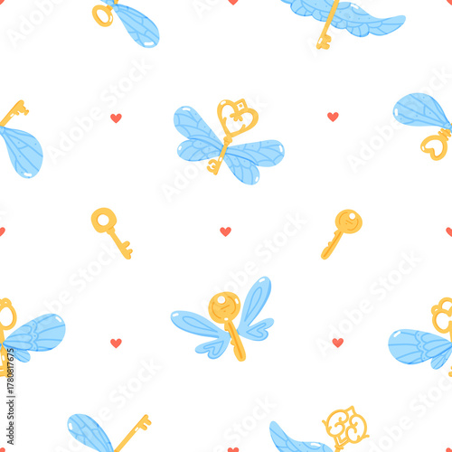 Seamless Pattern of Flying Winged Golden Keys and Hearts – Magical, Cute, Fairy Tale Background