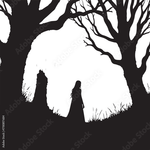 Silhouette of woman and figure under bare trees person