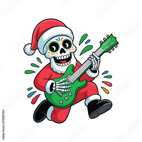 Festive skeleton rocker festive santa hat playing green electric guitar with colorful splatter