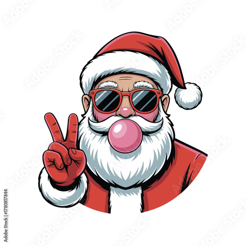 Cool santa claus with sunglasses and bubblegum chewing making peace sign holiday fun