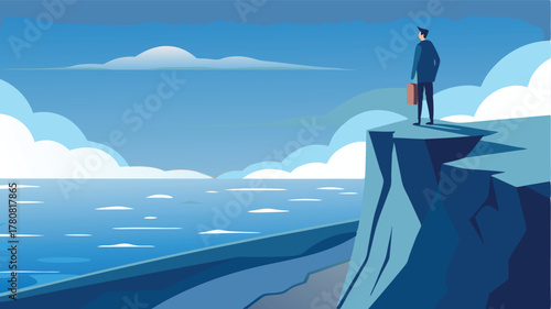 Man in suit with briefcase standing on a cliff overlooking the ocean, Embracing new horizons, future prospects, and career success