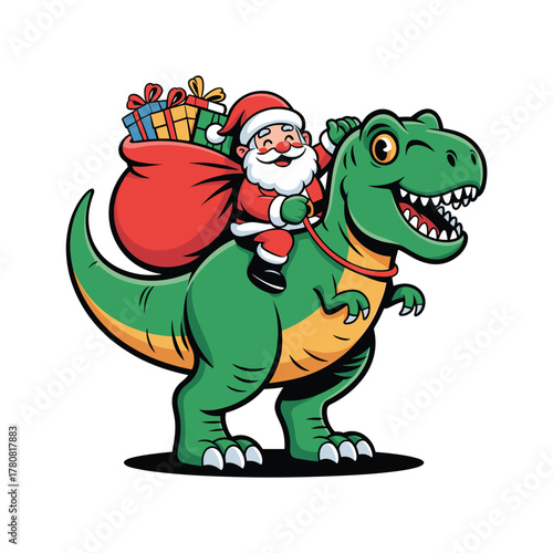 Santa claus riding a green tyrannosaurus rex dinosaur with a sack of presents