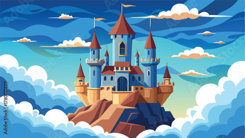 Majestic fantasy castle perched on rocky peaks amidst clouds, fairy tale kingdom illustration, An enchanting sky kingdom, where dreams and magic reside