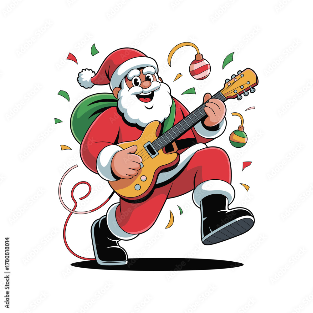 Obraz premium Jolly santa claus rocking out playing an electric guitar with a sack of presents and festive decorations