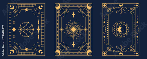 Set of gold celestial, esoteric, and sacred geometry vector tarot card back designs on a dark navy blue background for spiritual themes. Editable vector illustration.