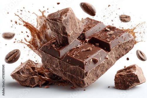 Chocolate and Coffee Beans Burst: A close-up shot capturing the dynamic interplay of dark chocolate chunks and roasted coffee beans. Chocolate pieces explode, showcasing the rich textures and flavors.