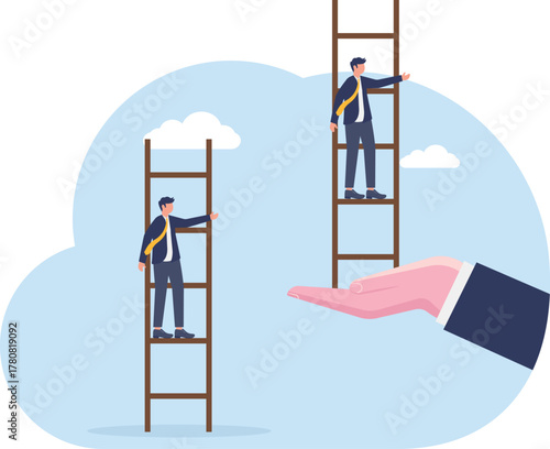 concept of A confident businessman in a suit walks with ambition on wooden stairs, helped by a human hand creating the rising stairway
