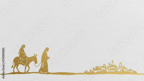 Mary and Joseph's journey to Bethlehem. Elegant gold silhouette of the pregnant Virgin Mary on a donkey, led by Joseph. Christian Christmas background with copy space.