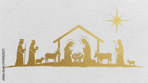 Elegant gold nativity scene on a white textured paper background. Christian christmas graphic with Jesus in a manger, Mary, Joseph, wise men and the Star of Bethlehem.