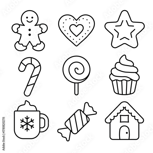 Illustration showing a set of black Christmas candy icons on a white background