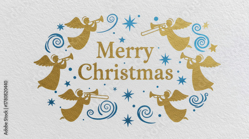 Merry Christmas greeting with a wreath of golden angels playing trumpets. Elegant holiday design with blue stars and swirls on a white textured paper background.