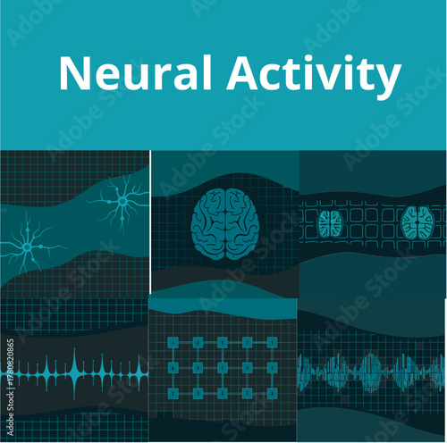 Abstract neural activity illustration with brain and waveforms  
