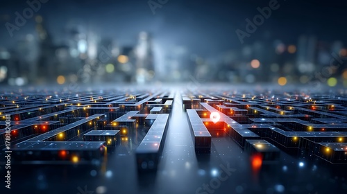 Futuristic Digital Maze with Glowing Paths and City Skyline at Dusk in Focused Perspective