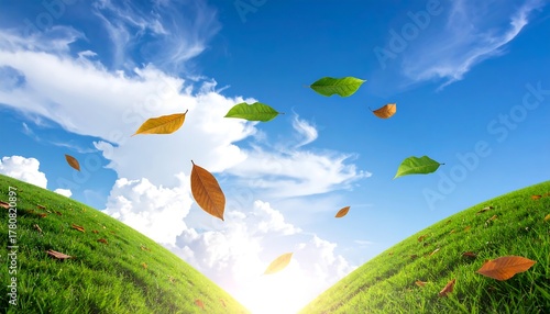 Fototapeta Naklejka Na Ścianę i Meble -  Scenic vista featuring rolling green hills under a vast blue sky. Scattered leaves of varying colors drift through the air. Sunlight beams through the horizon