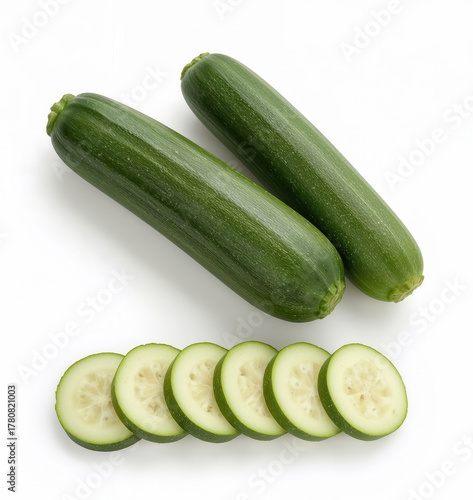 Zucchine intere e a fette su sfondo bianco. Generative AI