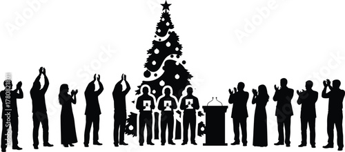 Christmas award ceremony, festive recognition, holiday celebration, people silhouettes, decorated tree, certificate winners, clapping audience, winter event, teamwork unity, seasonal gathering