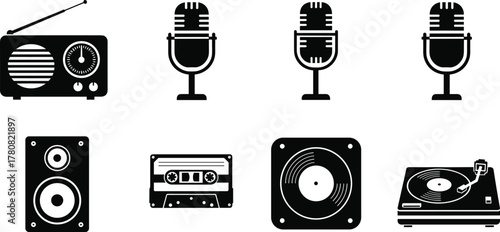 Audio, Music, Sound, Radio, Microphone, Speaker, Cassette, Vinyl, Turntable, Device, Vector, Icon, Graphic, Design, Illustration