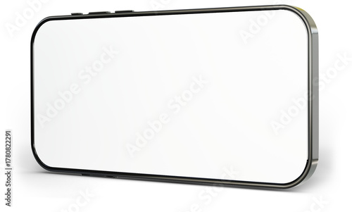 3D Horizontal smartphone mockup with white screen. Black mobile phone isolated on white background. Landscape phone. 3d png illustration