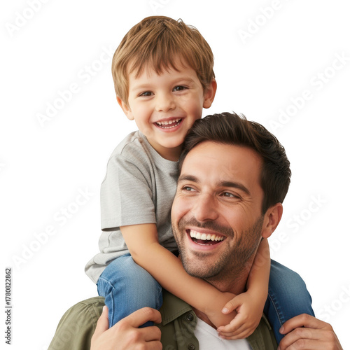 Happy father carrying his son on shoulders isolated on transparent background