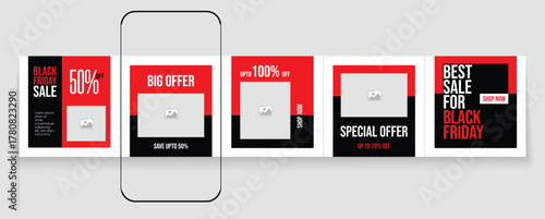 Editable templates for Instagram post, Facebook square frame, Black Friday, social media, advertisement, and business promotion, fresh design with black and red colors