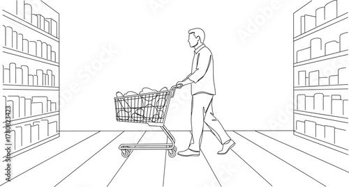 Black and white line art illustration of person pushing shopping cart in grocery store aisle with shelves lifestyle retail consumer activity