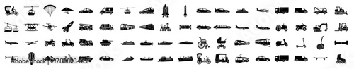 Set of vector silhouettes featuring planes, helicopters, trains, rockets, ships, submarines, and other aerial and water transport icons. Ideal for logistics, travel design, and infographic use.