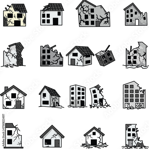 Building, House, Apartment, Damage, Collapse, Crack, Broken, Structure, Architecture, Disaster, Earthquake, Ruin, Vector, Outline, Illustration