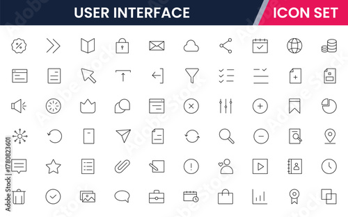 User Interface UI, UX web icons in line style. User, profile, message, mobile app, document file, social media, button, home, chat, arrow, collection. Vector illustration.
