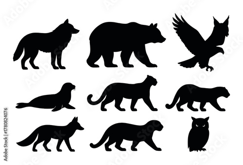 Silhouettes of diverse wildlife animals: wolf, bear, owl, seal, big cats