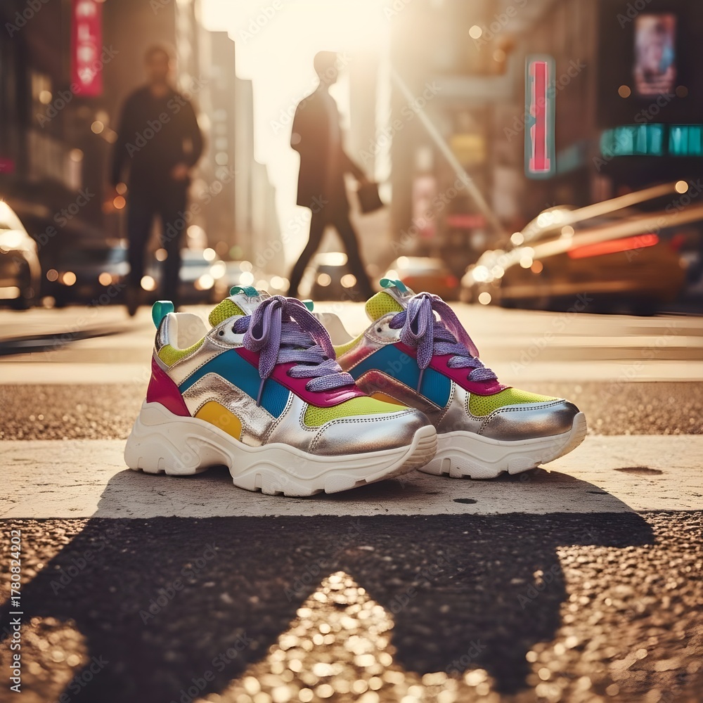 Obraz premium Close-Up of Vibrant Women's Sneakers on Urban Crosswalk with Sunlight Reflection, Street Fashion Editorial