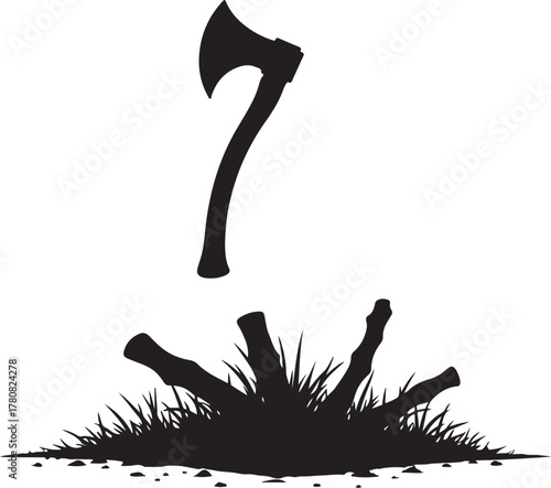 Black silhouette axe falling on chopped wood and grass