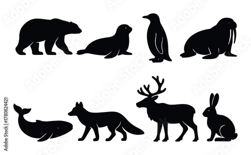 Silhouettes of arctic animals in nature: bear, seal, penguin, walrus, whale, fox, deer, rabbit