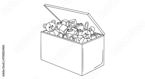 Vector line art of a toy storage chest with open lid showing plush toys and blocks, monochrome outline