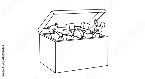 Vector line art of a toy storage chest with open lid showing plush toys and blocks, monochrome outline