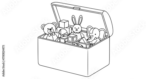 Vector line art of a toy storage chest with open lid showing plush toys and blocks, monochrome outline