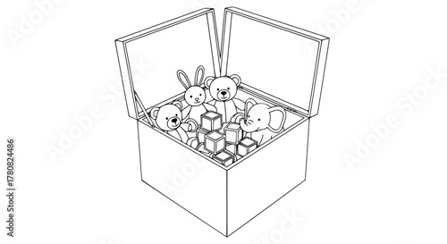 Vector line art of a toy storage chest with open lid showing plush toys and blocks, monochrome outline
