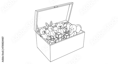 Vector line art of a toy storage chest with open lid showing plush toys and blocks, monochrome outline