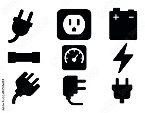 Electric elements collection: plugs, outlet, battery, gauge, lightning bolt