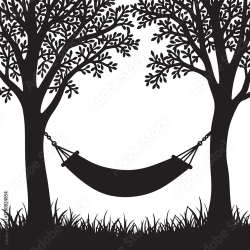 Black silhouette hammock between two trees with grass