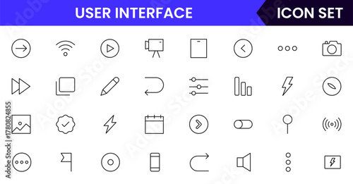 User Interface UI, UX web icons in line style. User, profile, message, mobile app, document file, social media, button, home, chat, arrow, collection. Vector illustration.