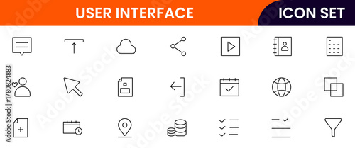 User Interface UI, UX web icons in line style. User, profile, message, mobile app, document file, social media, button, home, chat, arrow, collection. Vector illustration.