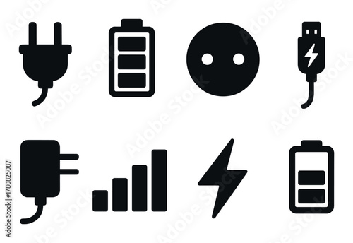 Set of black electrical icons including plug, battery, socket, usb, charger, signal, lightning